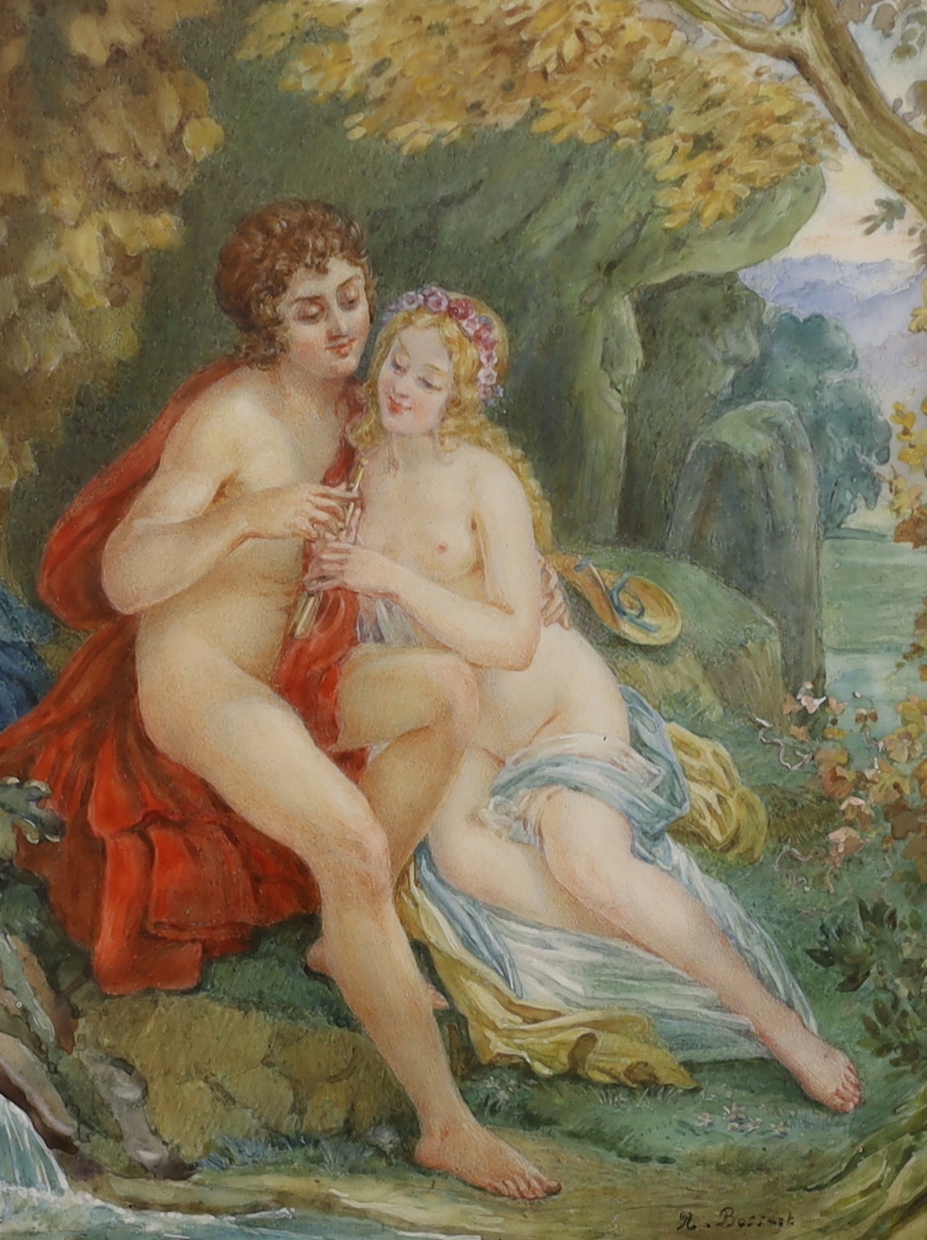R. Bossart, pair of gouaches, Seated lovers beside streams, each signed, 18 x 23cm